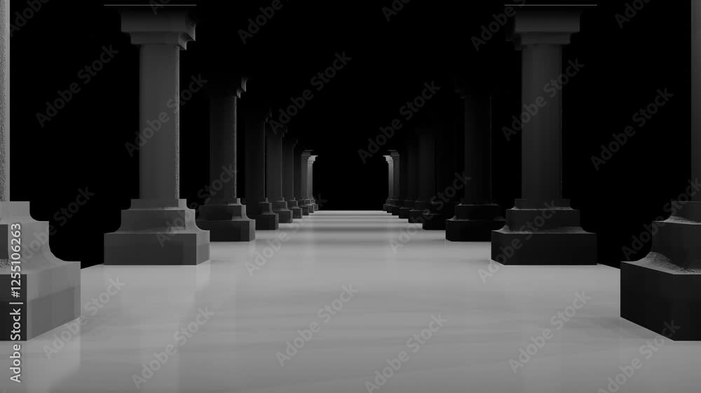 endless forward movement in a dark corridor with 3D rows of columns. 3D render looped animation endless forward movement in a dark corridor with 3D rows of columns. 3D render looped animation