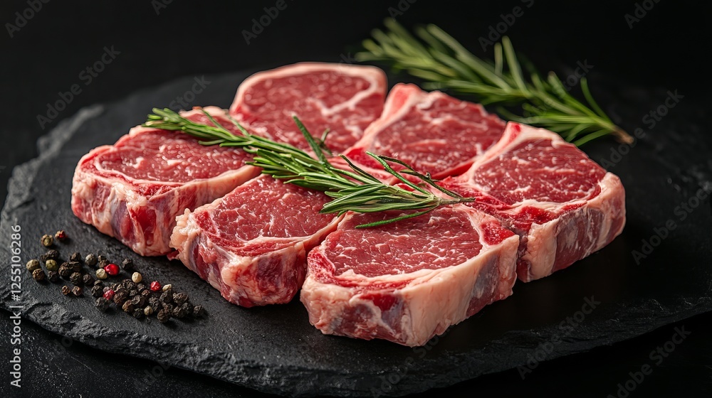 Fresh Raw Meat Displayed on a Natural Slate Board Surrounded by Herbs and Spices Creating an Inviting and Flavorful Culinary Scene Evoking a Sense of Gourmet Preparation and Cooking Fresh Raw Meat Displayed on a Natural Slate Board Surrounded by Herbs and Spices Creating an Inviting and Flavorful Culinary Scene Evoking a Sense of Gourmet Preparation and Cooking