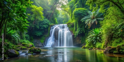 waterfall flowing through dense foliage in a serene forest clearing, foliage, serene,  foliage, serene, waterfall