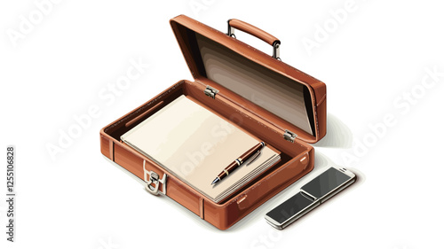 Open Briefcase with Documents, Pen, and USB Drive