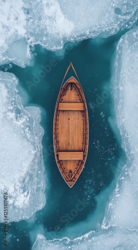 Wooden boat in icy water, aerial view.