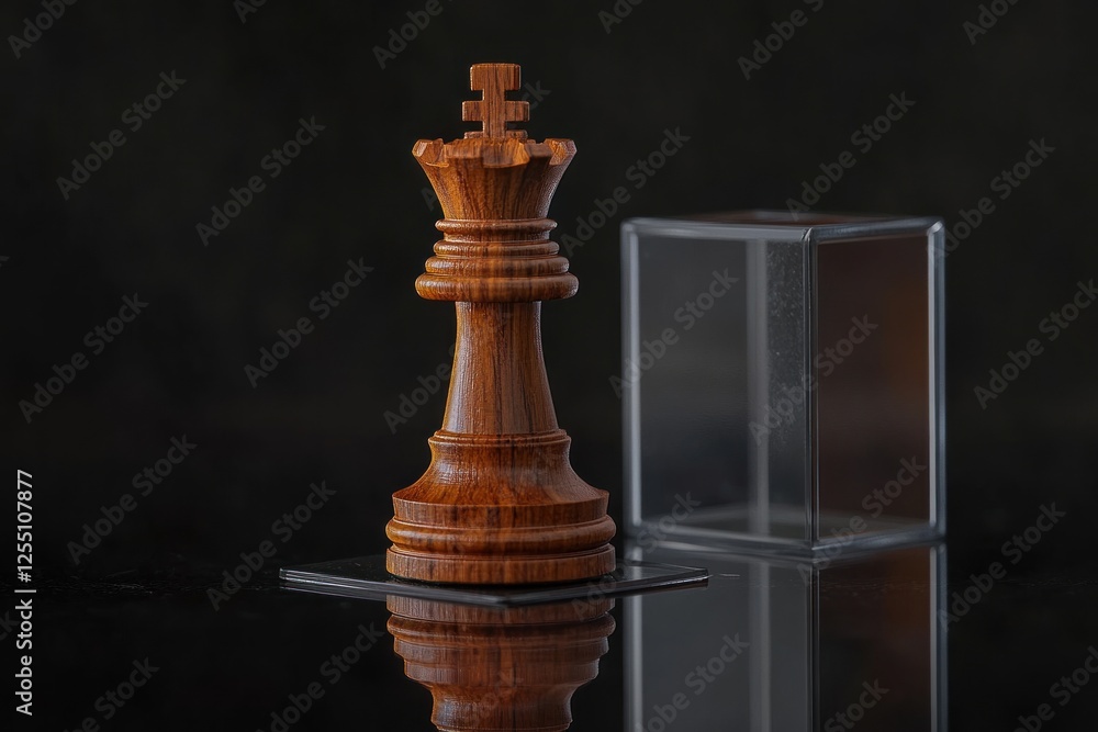 Wooden chess queen piece on a reflective surface, next to a transparent box. Wooden chess queen piece on a reflective surface, next to a transparent box.