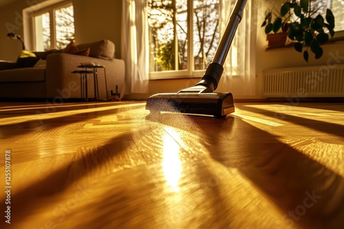 Cordless Vacuum Cleaner Cleans Hardwood Floor in Minimalist Living Room photo