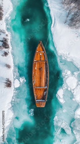 Wooden boat on icy teal river.