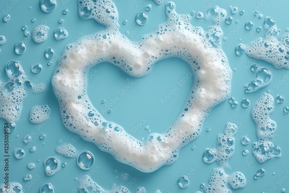 Fototapeta premium A creative heart frame formed from detergent foam bubbles floating over a blue basin background.
