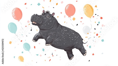 Cute hippo jumping amidst colorful balloons and confetti. Stock Photo photo