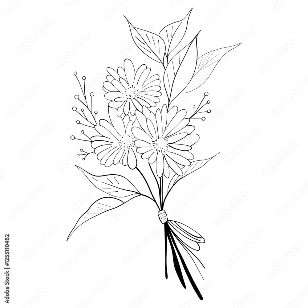 Obraz premium tiny wild flowers and plants line art botanical illustrations. Trendy greenery hand draw lines black ink sketches. vector illustration 