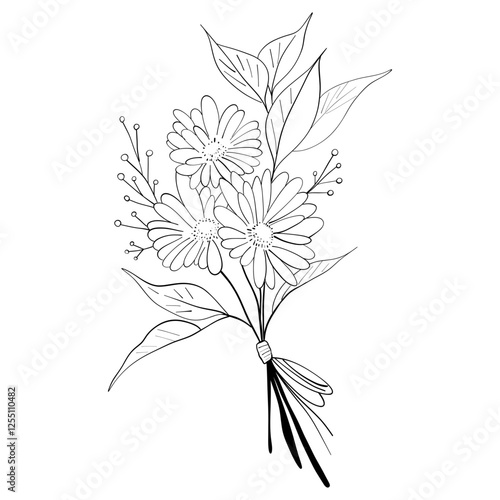 tiny wild flowers and plants line art botanical illustrations. Trendy greenery hand draw lines black ink sketches. vector illustration	