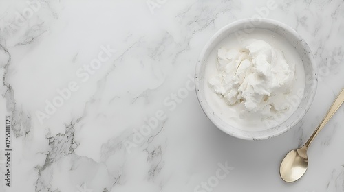 Creamy dessert in bowl, marble background, spoon, food photography