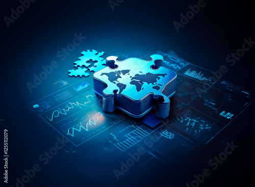 A 3D puzzle piece shaped like a world map with gears rests on a digital blueprint backdrop in blue tones, symbolizing global strategy and technological solutions. photo