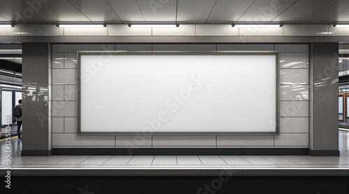 Fototapeta Naklejka Na Ścianę i Meble -  Blank billboard in modern subway station with stainless steel design and lighting