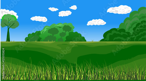 Vászonkép A vast, green meadow under a clear blue sky, with gently rolling hills covered in lush grass