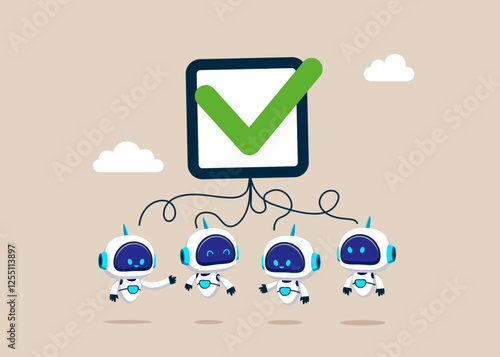 Robots think about agreement to deliver, leadership skill or trust on work responsibility. Flat vector illustration. 