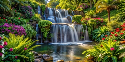 waterfall in the park with lush greenery and trees surrounded by flowers and ferns, botanical garden, scenic waterfall