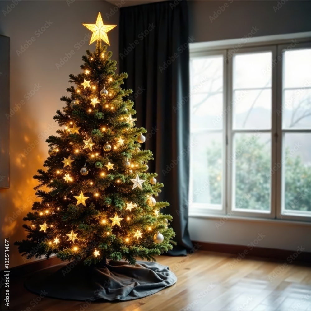 Elegant gold & black Christmas tree, star topper, gold leaf, black and gold christmas Elegant gold & black Christmas tree, star topper, gold leaf, black and gold christmas