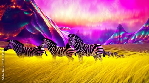 A group of zebras are standing in a field of yellow grass