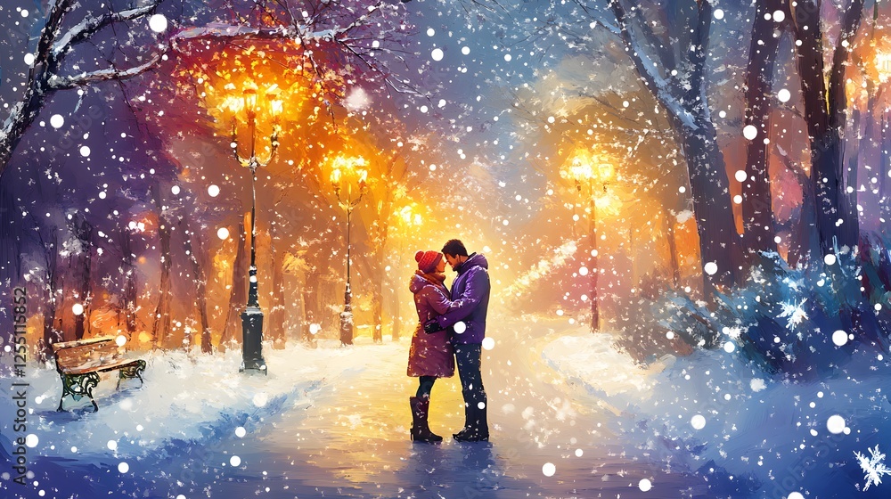 Fototapeta premium Couple embracing in snowy street, romantic scene with glowing lights, intimate winter atmosphere, perfect for love themes.