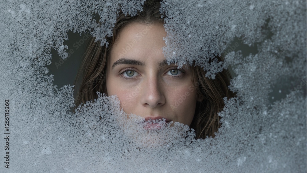Mysterious woman behind frosty window her face half hidden exuding an aura of contemplation and intrigue Mysterious woman behind frosty window her face half hidden exuding an aura of contemplation and intrigue