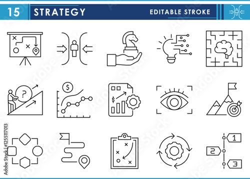 A set of line icons related to Strategy. Plan, policy, way, business, challenges, success, growth, process, and so on. Vector editable stroke.
