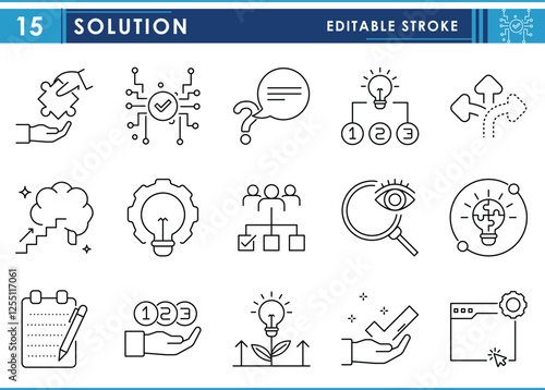 A set of line icons related to Solution. Solve, problem, business, inspect, choice, decision, way, idea, notes, and so on. Vector editable stroke.