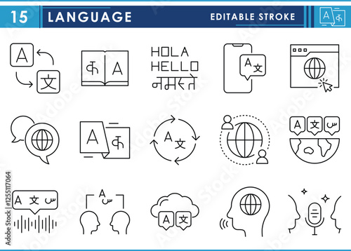 A set of line icons related to Language. Various languages, translate, worldwide, communicate, speak, and so on. Vector editable stroke.