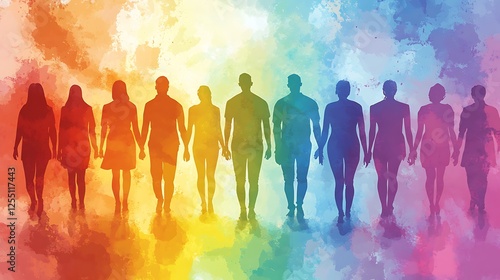 Wallpaper Mural Unity, Diversity, and the Rainbow of Humanity: A Watercolor Silhouette of People Walking Hand-in-Hand Torontodigital.ca