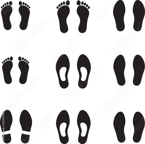 Person barefoot and footprint Symbols leg step silhouette human feet icon people shoe print Different black graphic sign legs and shoes sole Vector illustration