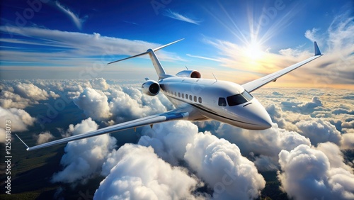Sleek private jet soaring through clear blue sky with fluffy white clouds , aircraft, clouds,  aircraft, clouds,aviation