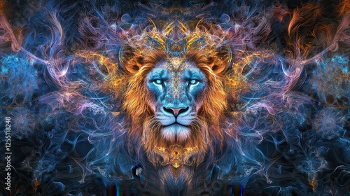 Psychedelic lion head with symmetrical mandala shapes, a mystical emblem for shamanic guidance photo