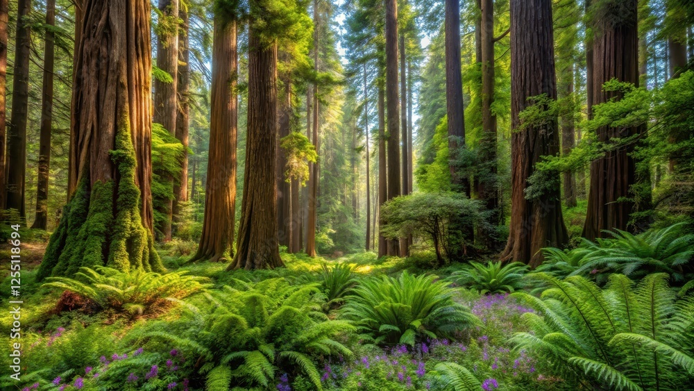 Dense forest with towering redwood trees and overgrown undergrowth, featuring ferns and wildflowers amidst the foliage , wildflowers, dense foliage Dense forest with towering redwood trees and overgrown undergrowth, featuring ferns and wildflowers amidst the foliage , wildflowers, dense foliage