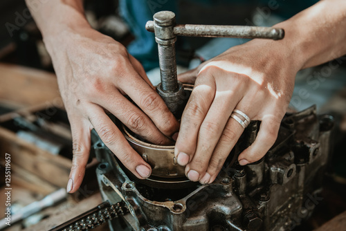 Obraz na płótnie Motorcycle Engine Rebuild, Motorcycle mechanic repairing Engine and use Pulsar magnet puller,working at garage, maintenance and repair motorcycle concept w salonie