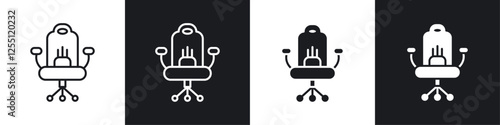 Gaming chair icons collection in black and white filled and line versions