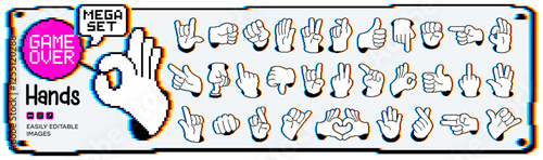 Mega set of Cartoon comic hand gestures with different signs and symbols. Gesturing human arms in pixel art style. Pixelated Hands poses with vibrant glitch effect. Vector illustration