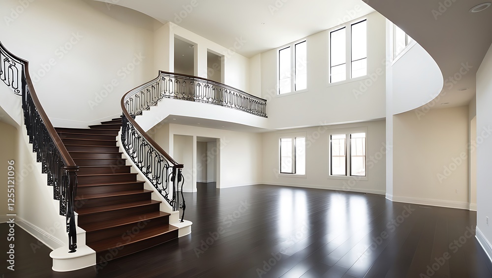 Empty new apartment, large living room with stairs Empty new apartment, large living room with stairs