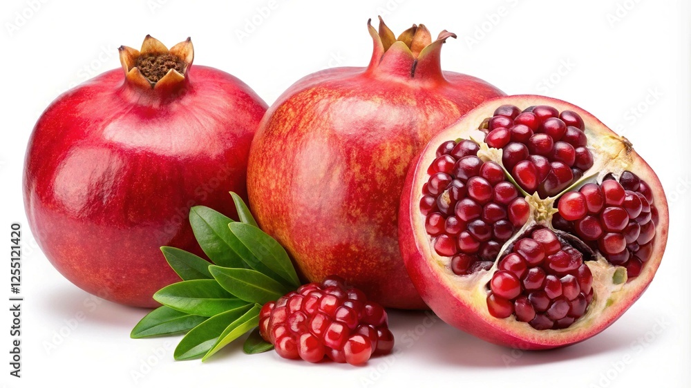 Pomegranate with Droplets and Fresh Seeds isolated on white background, Pomegranate with Droplets and Fresh Seeds isolated on white background,