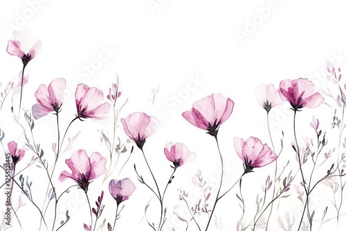 Wallpaper Mural A delicate composition of watercolor pink wildflowers, each outlined in thin black ink, arranged elegantly on a white background. Torontodigital.ca