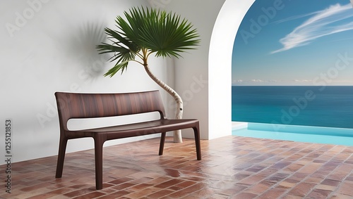 Modern luxury scandinavian wooden bench with white arch wall  There are stone brick floor decorated with tropical tree overlooking the sea view