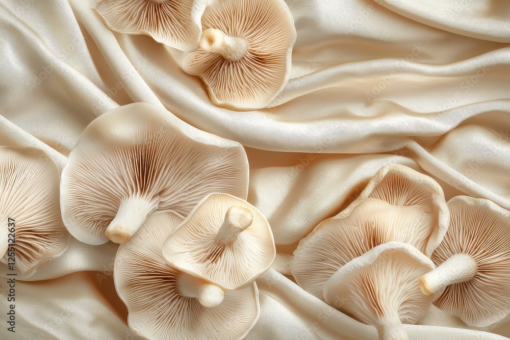Dried Beige Mushrooms Displayed on Soft Fabric Dried Beige Mushrooms Displayed on Soft Fabric