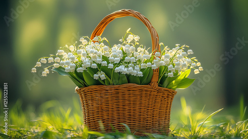 Lily of the valley flowers arranged in woven basket on sunlit grass, capturing spring garden freshness. Natural floral decoration concept