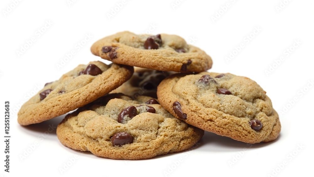 Indulge in a stack of warm golden chocolate chip cookies on a minimalistic white backdrop capturing their deliciously gooey texture Indulge in a stack of warm golden chocolate chip cookies on a minimalistic white backdrop capturing their deliciously gooey texture