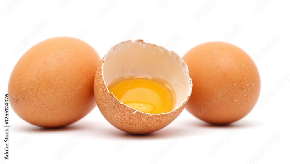 Fresh brown eggs with vibrant yolks delicately revealed showcasing natural beauty on a pristine white backdrop Fresh brown eggs with vibrant yolks delicately revealed showcasing natural beauty on a pristine white backdrop