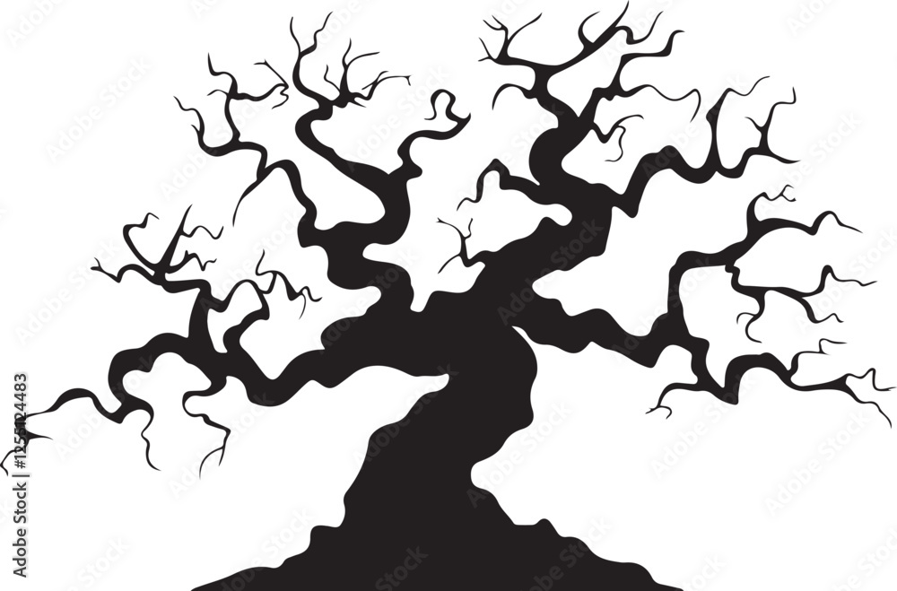 A dead tree silhouette vector | vector of Halloween tree | silhouette of tree illustration isolated on white background | dry tree silhouette Ghost tree | Silhouette of Gnarled Tree with Bare Branches