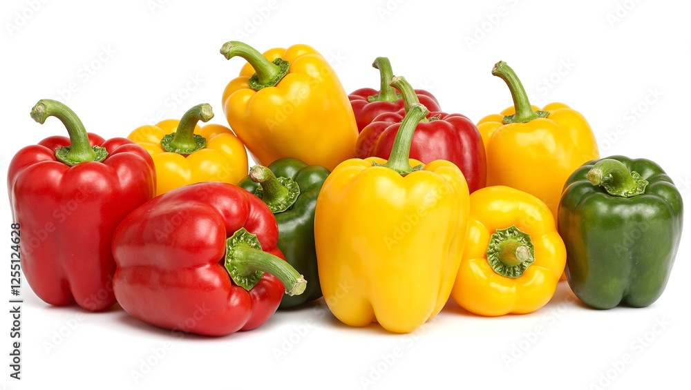 Vibrant red yellow and green bell peppers artfully arranged on a clean white backdrop A feast for the eyes and perfect for food related projects Vibrant red yellow and green bell peppers artfully arranged on a clean white backdrop A feast for the eyes and perfect for food related projects