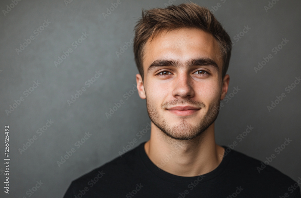 Portrait of a handsome, smiling young man in a casual outfit, looking at the camera against a grey background, isolated on a grey studio backdrop with space for your design work. Portrait of a handsome, smiling young man in a casual outfit, looking at the camera against a grey background, isolated on a grey studio backdrop with space for your design work.