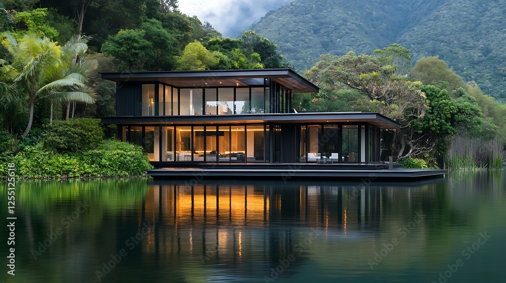 Fototapeta premium Lakefront Modern House, Serene Mountain View