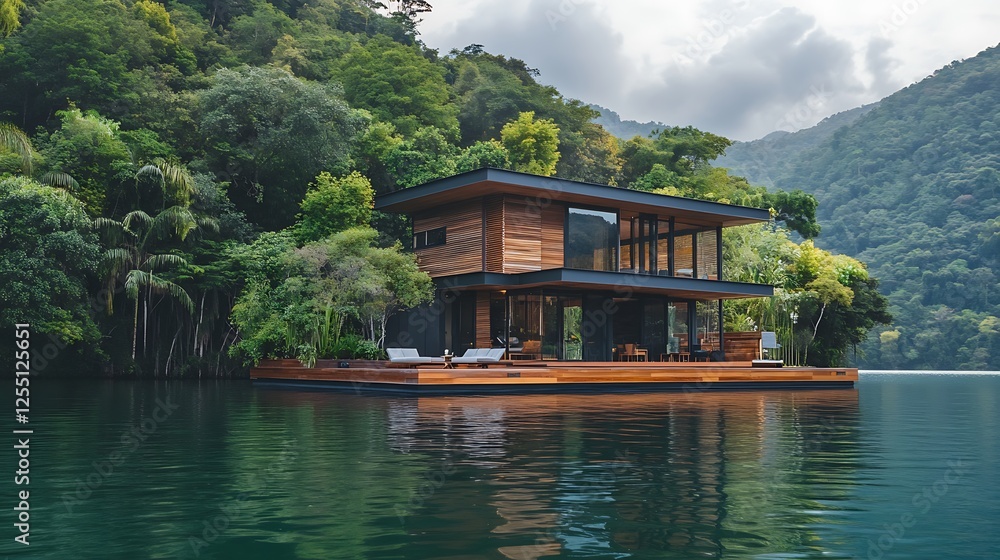 Naklejka premium Luxury Lake House in Lush Tropical Paradise