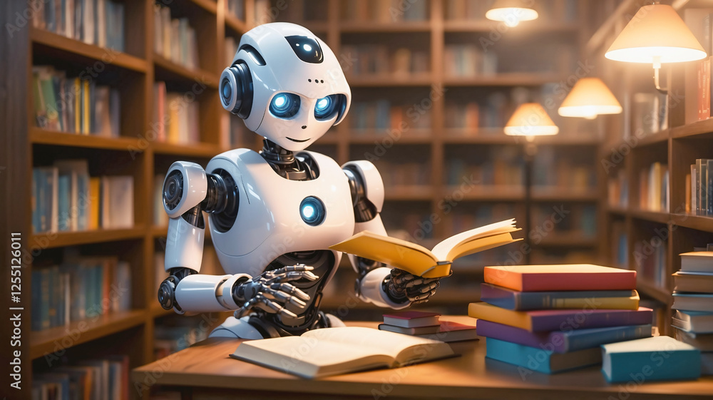 Cute robot isreading books in library. Robot is studying at school. Artificial intelligence, machine learning and robotics concept Cute robot isreading books in library. Robot is studying at school. Artificial intelligence, machine learning and robotics concept