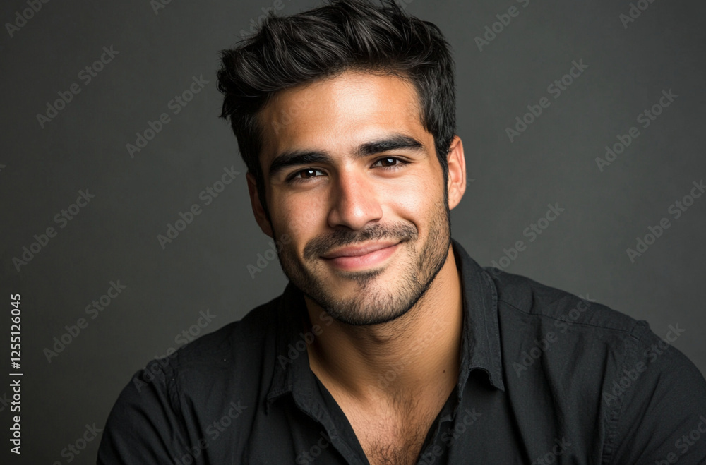 Portrait of a handsome, smiling young man in a formal outfit, looking at the camera against a gray background. Studio shot Portrait of a handsome, smiling young man in a formal outfit, looking at the camera against a gray background. Studio shot