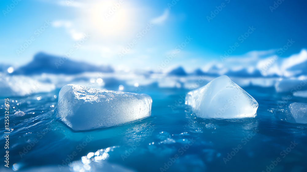 A serene landscape featuring floating ice cubes in calm blue waters under bright sunlight. The image captures the tranquility and beauty of nature's icy formations. A serene landscape featuring floating ice cubes in calm blue waters under bright sunlight. The image captures the tranquility and beauty of nature's icy formations.