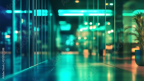 Modern Office Corridor with Teal Lighting and Plant